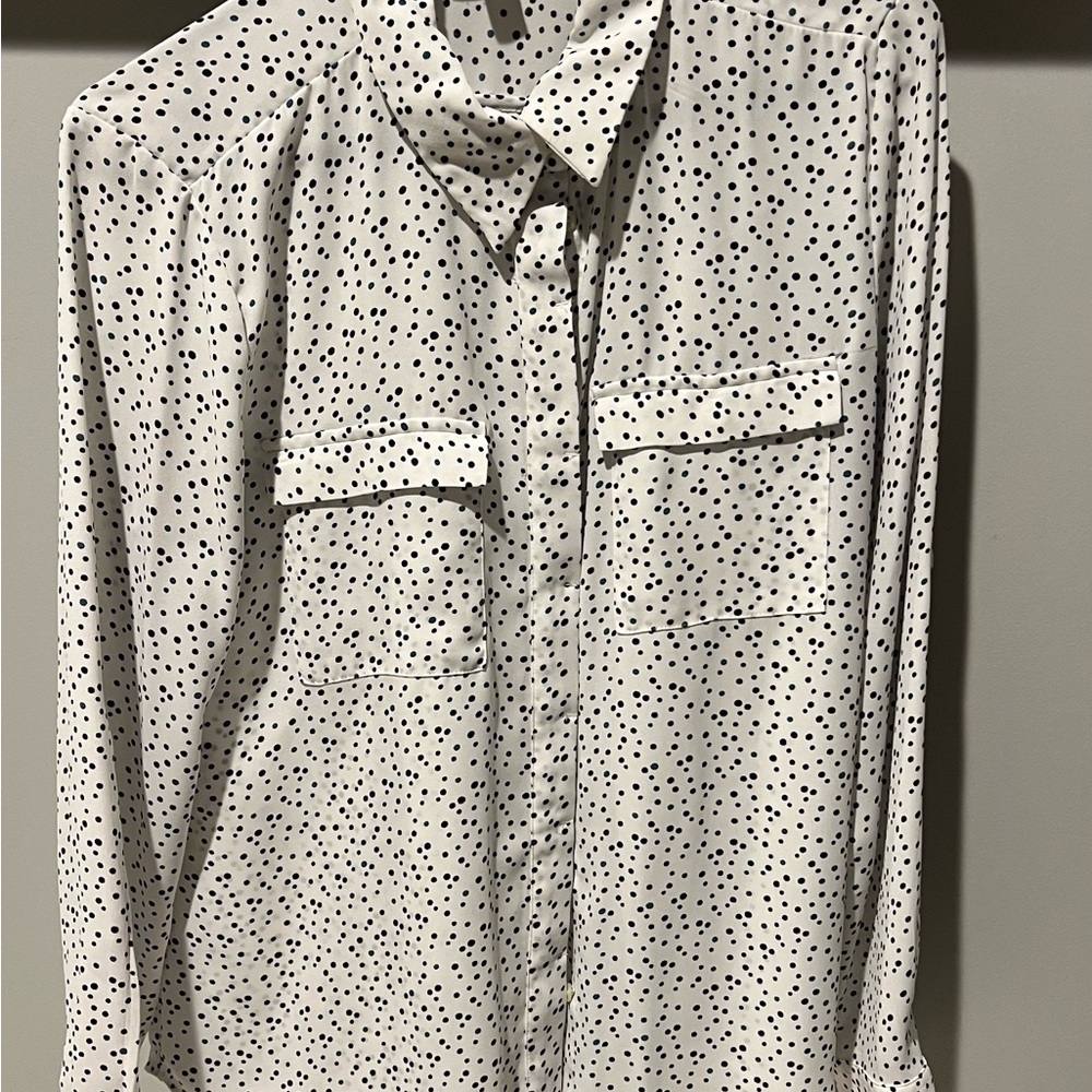 LOFT White and Black Polka Dot Button Down Shirt